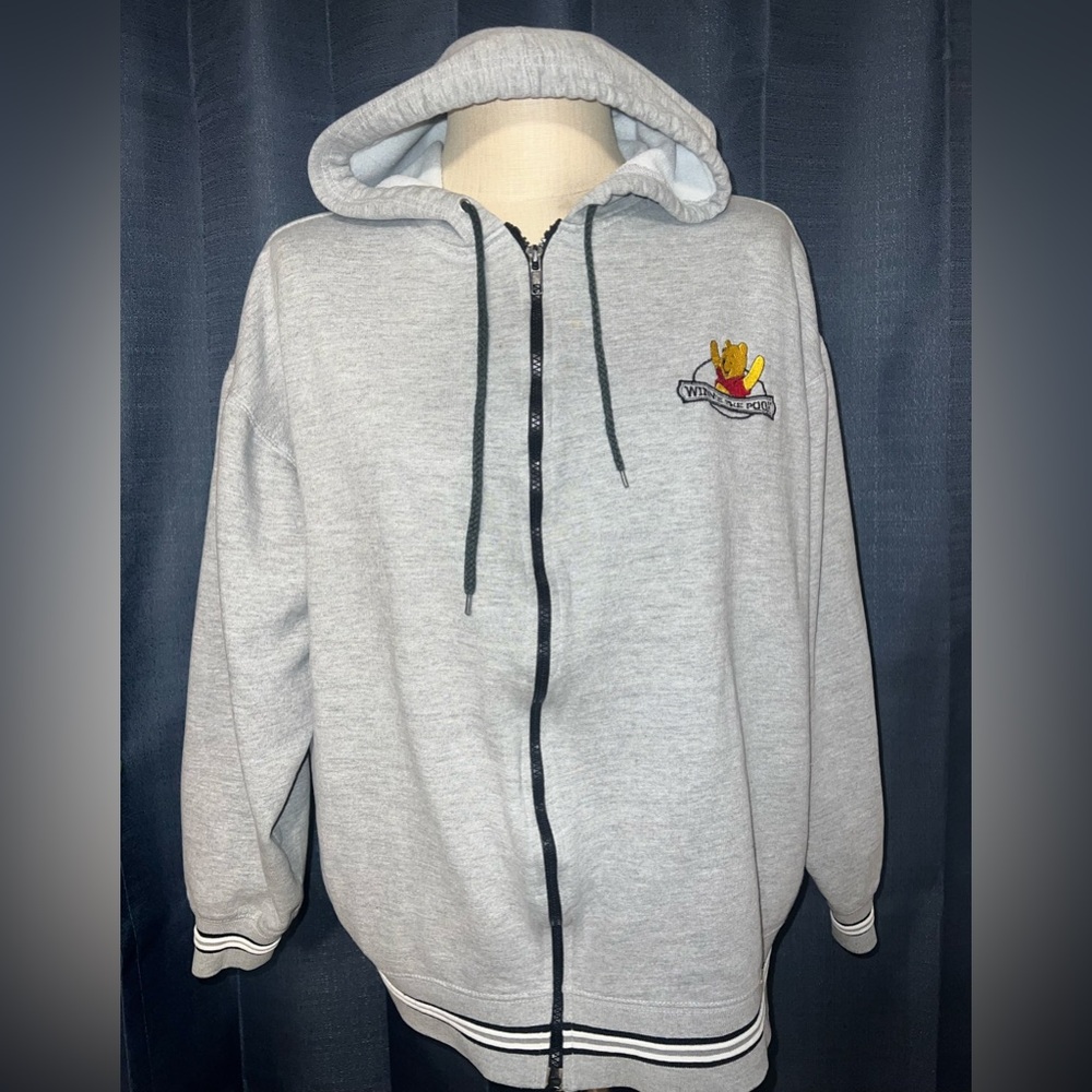 Vintage Winnie the Pooh Jacket Gray Zip-Up Hoodie with Embroidered Large 14 16